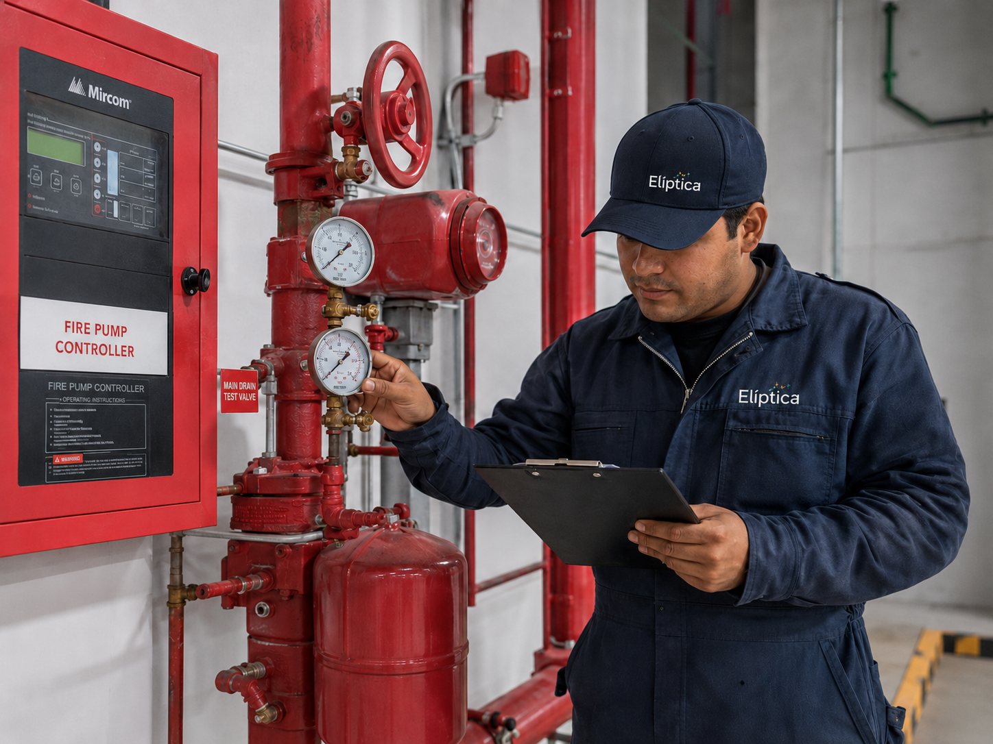 Técnico de Elíptica inspeccionando un sistema contra incendios